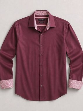 Nine West Men's Maroon Dress Shirt with Pink Paisley Trim